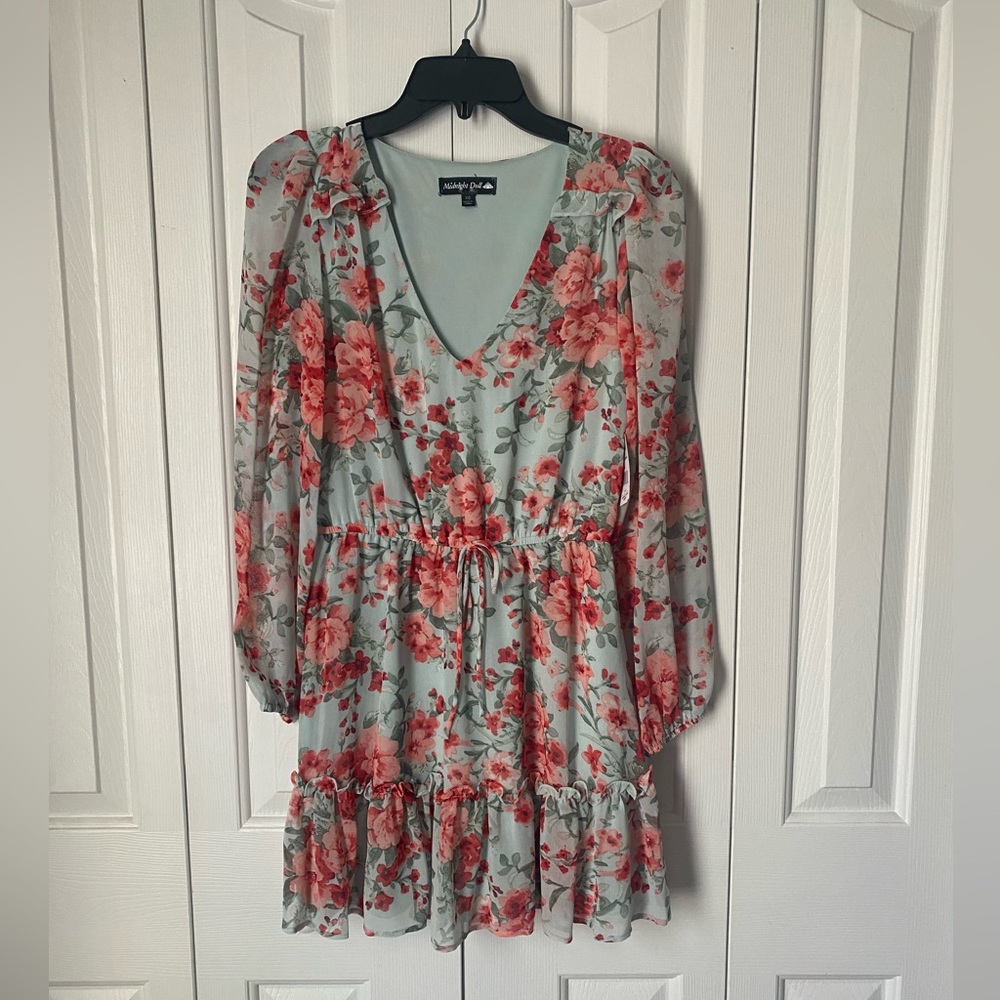 EASTER VNECK-SHEER FLORAL FRILL DETAIL COCKTAIL DRESS-SIZE XS